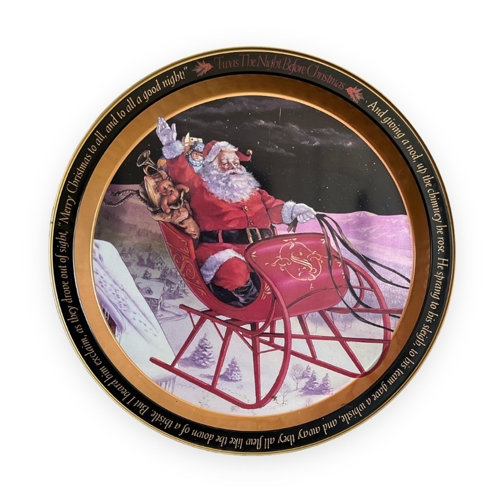Metal Santa Claus in Sleigh The Night Before Christmas‎ Holiday Tin Tray 13”